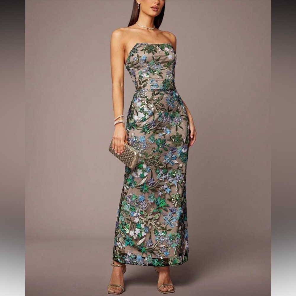 Strapless Floral Embroidered Evening Dress in Taupe and Green